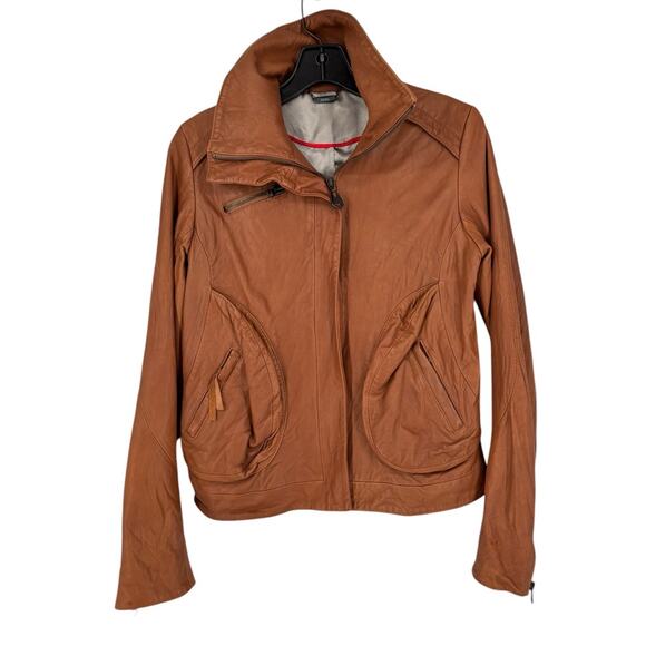 Doma Leather Bikercore Jacket Cognac Zippered Pockets Size Small Moto Collared - Picture 1 of 16